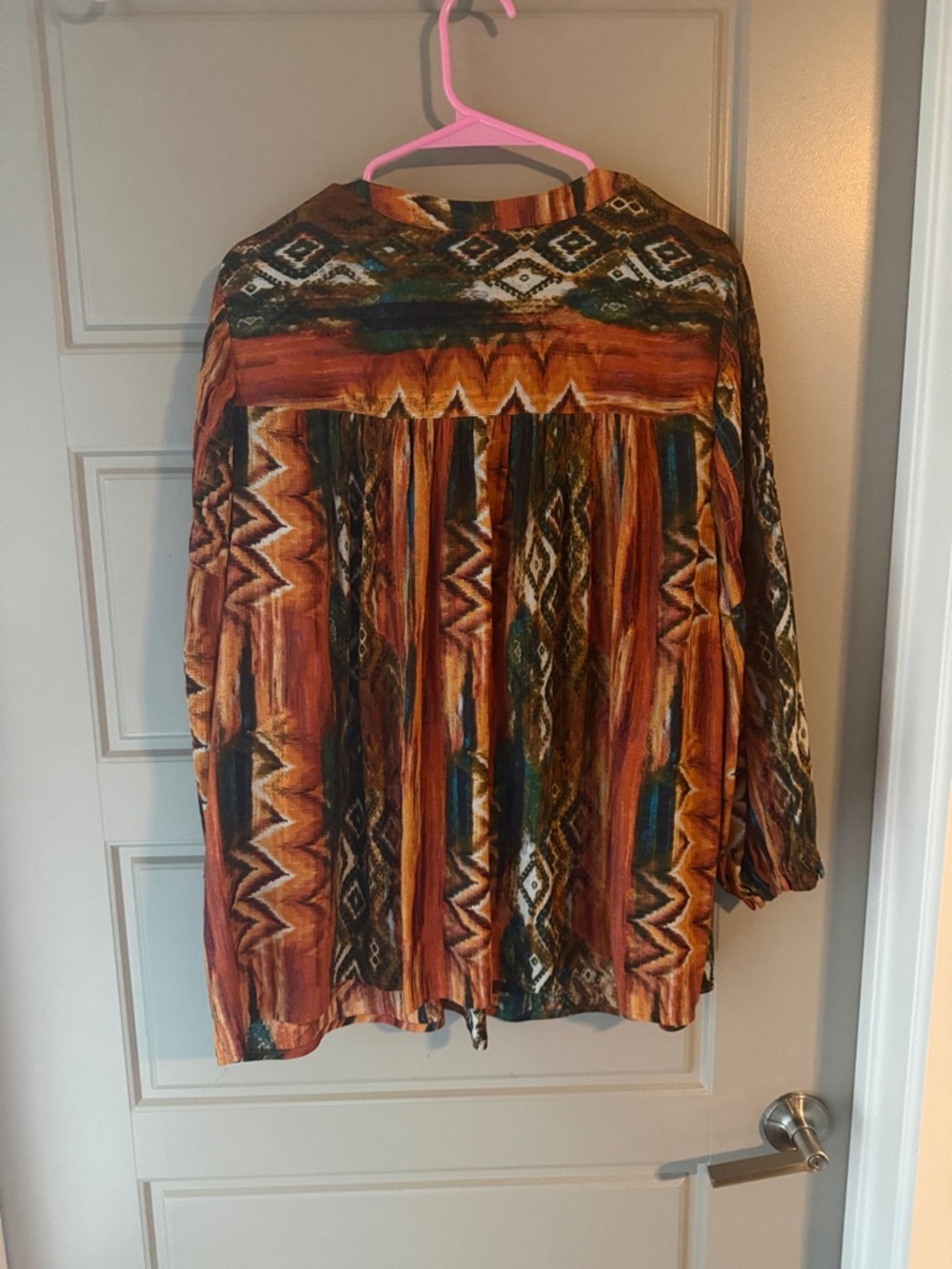 intro. Rust and Green Ethnic-Pattern Button Front Blouse - Picture 2 of 3